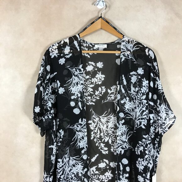 CALVIN KLEIN Black/White Floral Chiffon Cover-up Kimono NWT 4 - Picture 6 of 16
